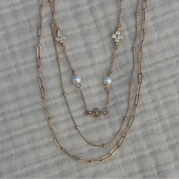 Gold-Tone Multi-Layer Stacked Chain Necklace With Faux Pearls & Heart Charms - Picture 2 of 4